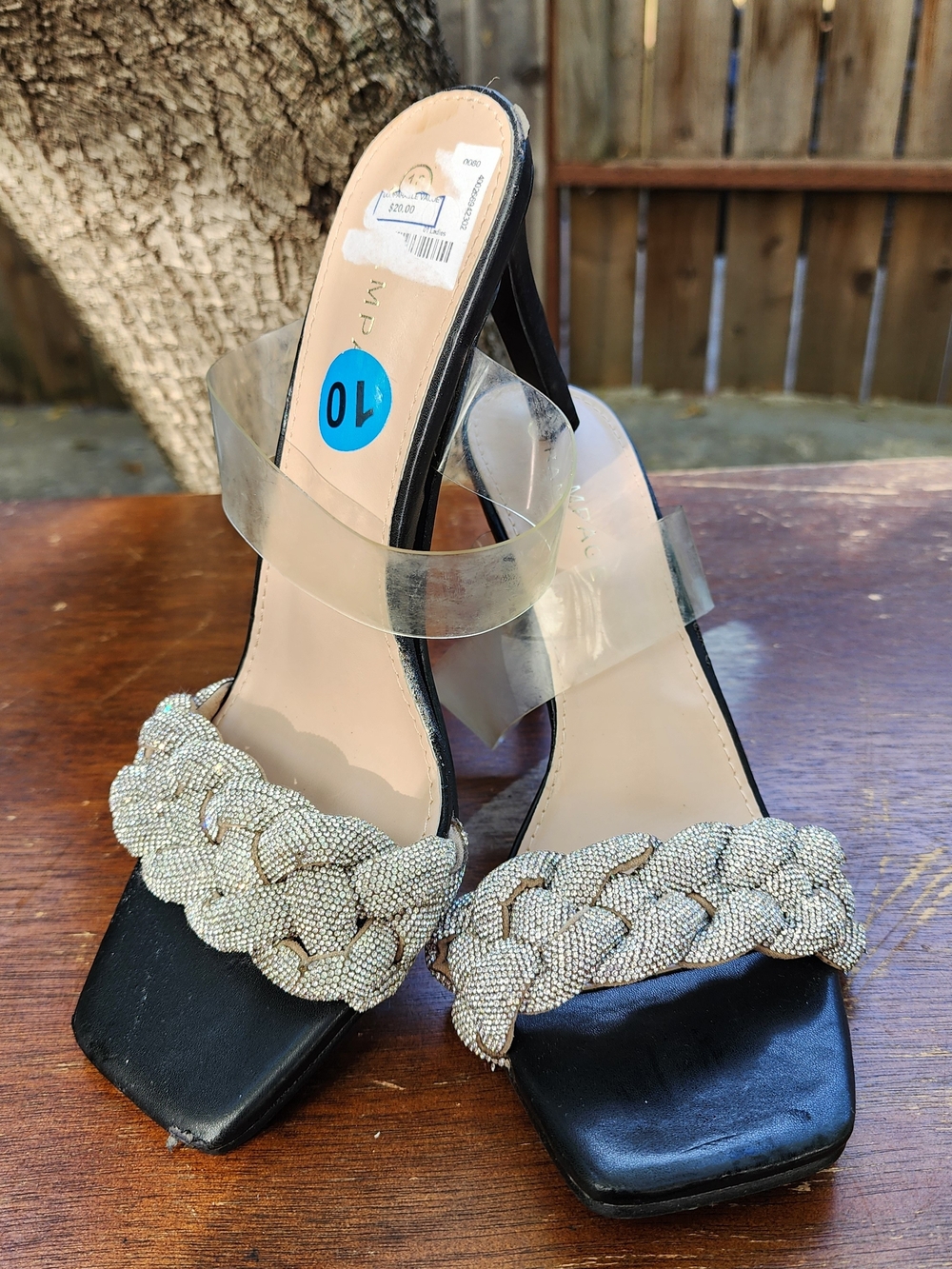 Rampage EIRA-04L Black Rhinestone Braided Strap Lucite Mule Heels Size 10